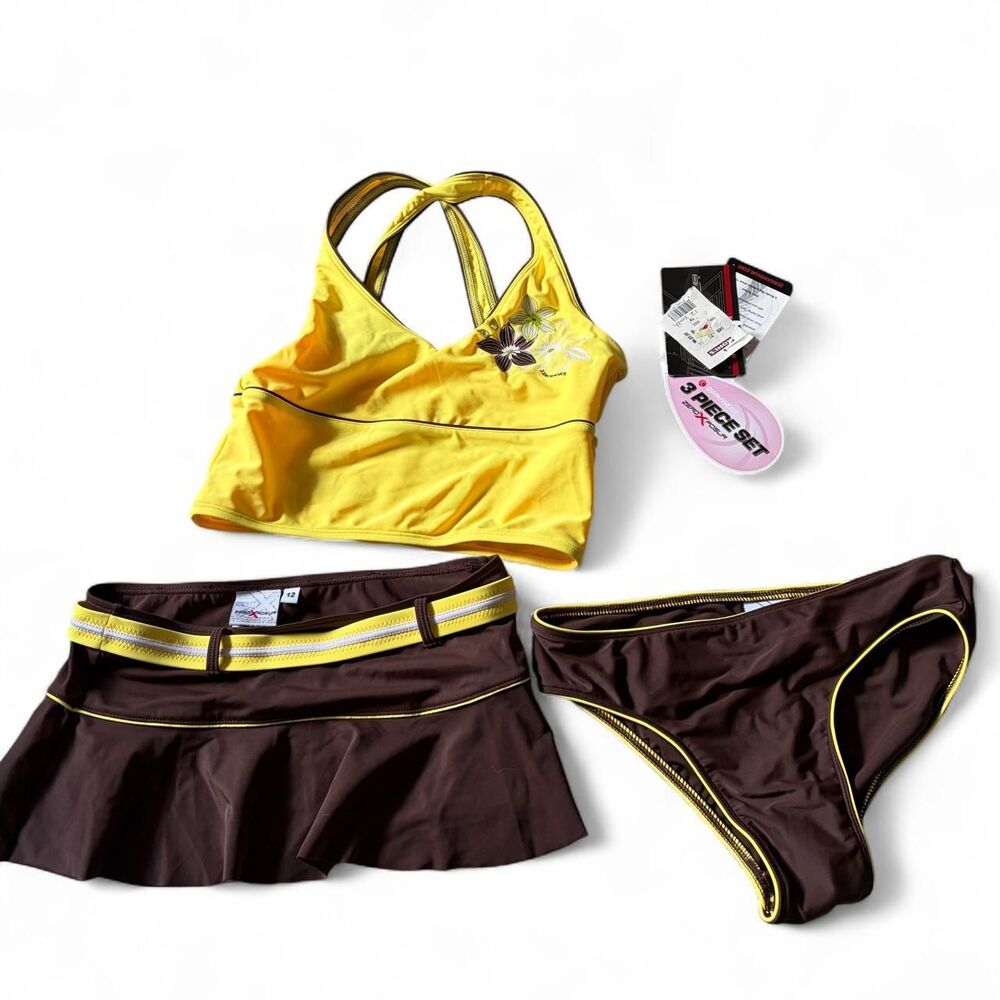 NWT Y2K Coconut Girl Yellow & Brown 3 Piece Swim Set Girls Size 12